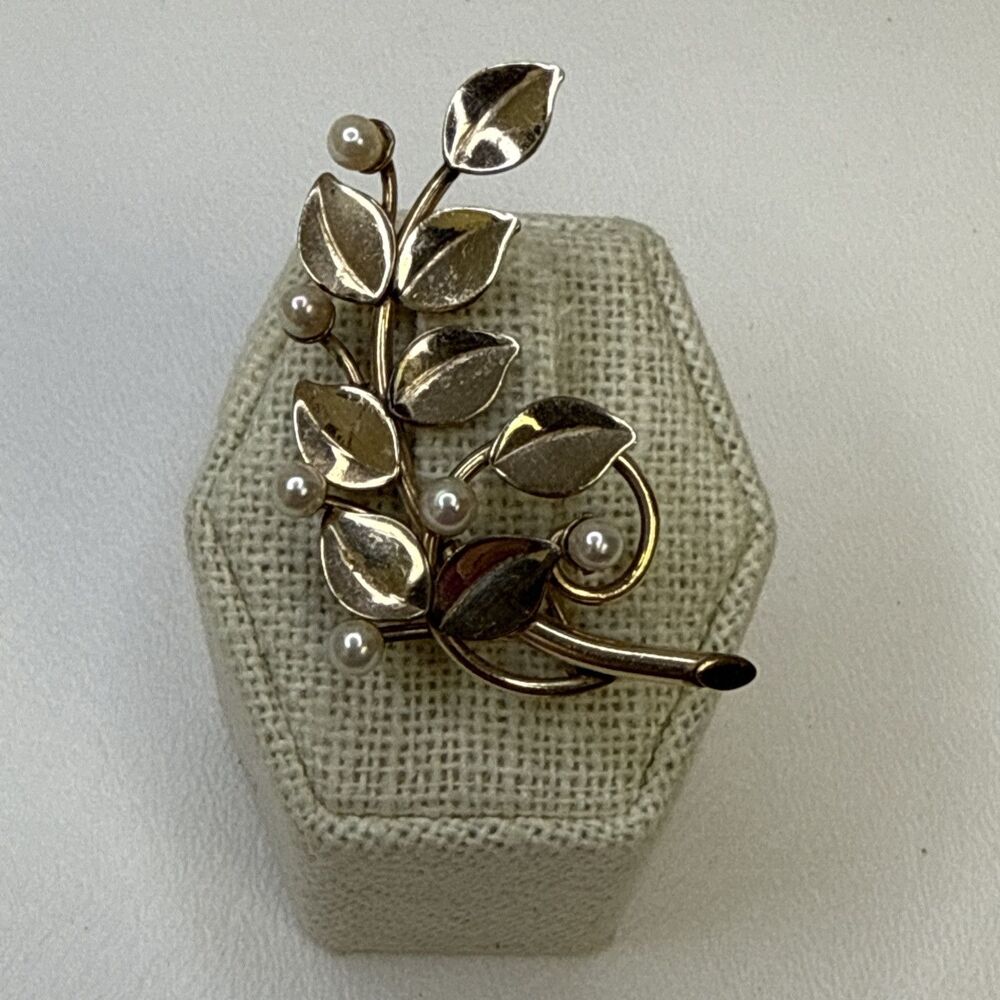 Carl Art 12K Gold Filled Faux Pearls & Leaf Branch Brooch Pin Vintage - Picture 2 of 8